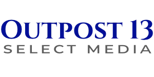 Site logo for Outpost 13 Select Media featuring &ldquo;OUTPOST 13&rdquo; in Klein blue Cinzel font above &ldquo;SELECT MEDIA&rdquo; in dark gray all caps