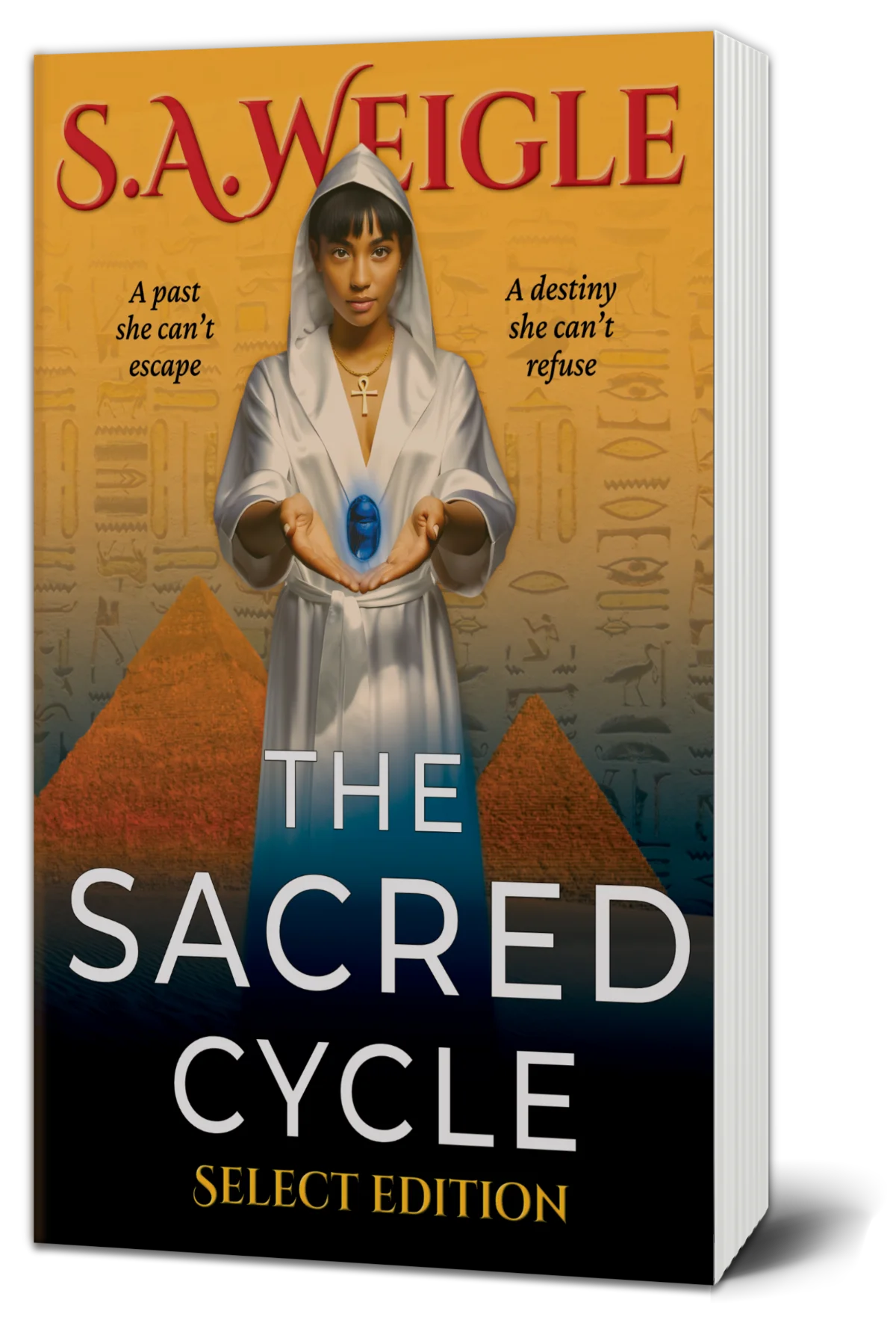 The Sacred Cycle Select Edition paperback 3D book cover mockup, by S. A. Weigle featuring an Egyptian woman with blue amulet before pyramids.
